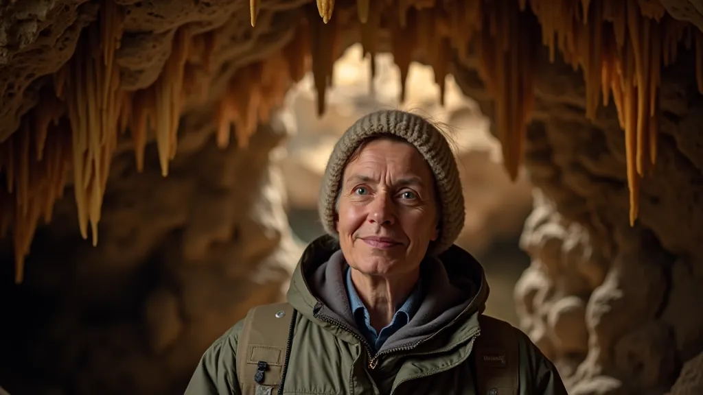 Interior of a cave system with stalactites, stalagmites, and underground rock formations illuminated