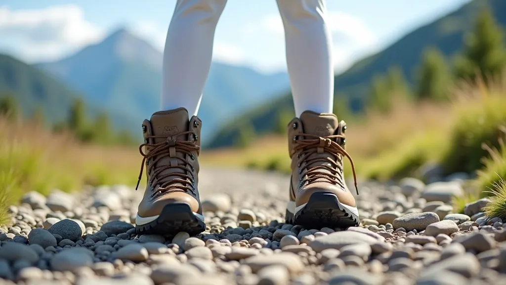 Comfortable wooden hiking boots on rocky trail with mountain scenery behind