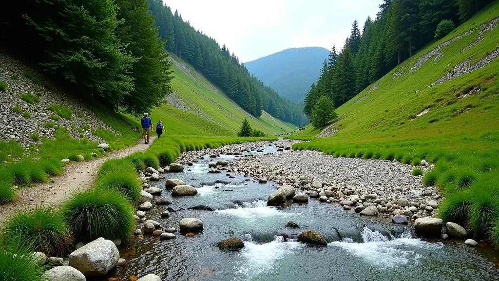 Mountain stream flowing through rocky valley with forested slopes on both sides