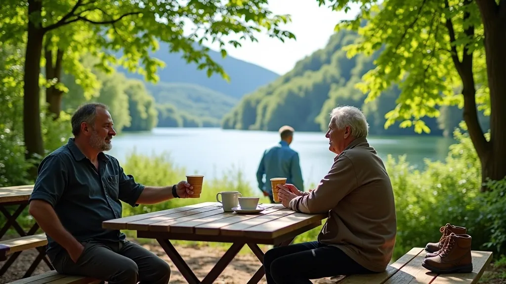 Two hikers with walking poles enjoying refreshments at outdoor cafe with lake view