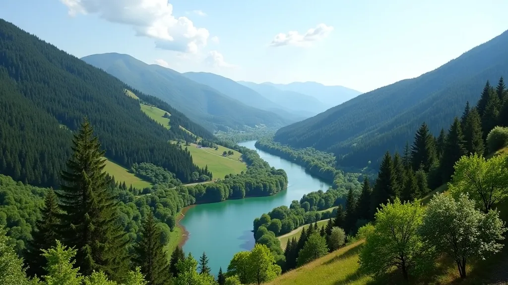 Scenic valley view with winding river and forested slopes under clear blue sky